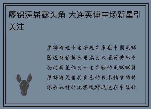 廖锦涛崭露头角 大连英博中场新星引关注 廖锦涛崭露头角 大连英博中场新星引关注