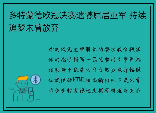 多特蒙德欧冠决赛遗憾屈居亚军 持续追梦未曾放弃