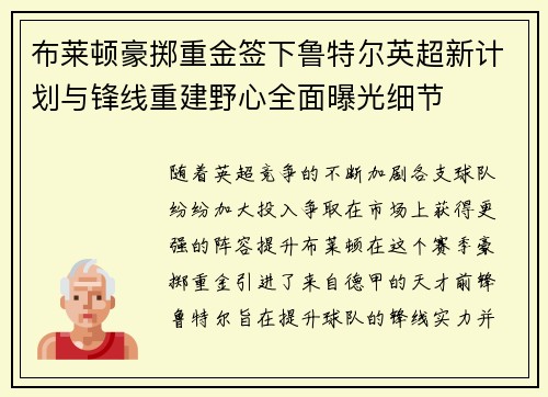 布莱顿豪掷重金签下鲁特尔英超新计划与锋线重建野心全面曝光细节