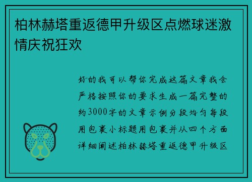 柏林赫塔重返德甲升级区点燃球迷激情庆祝狂欢