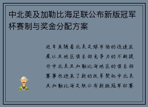 中北美及加勒比海足联公布新版冠军杯赛制与奖金分配方案 中北美及加勒比海足联公布新版冠军杯赛制与奖金分配方案